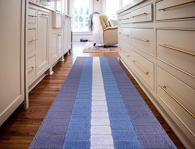 Custom Size Coastal Nautical Style Runner Rug Carpet for Hallway Entryway, Slip Resistant Latex Rubber Backed, 31 inch Wide X Customized Length, Squares Blue, 31 inch X 5 feet