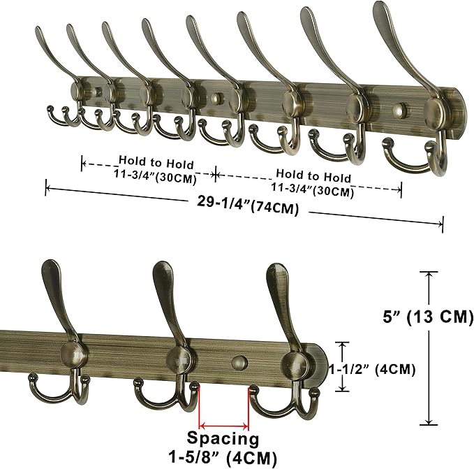 Dseap Coat Rack Wall Mount - 29.5” Long 8-Tri-Hooks Heavy Duty Coat Hanger Rail Wall Hooks for Hanging Coats Hats Clothing Clothes Purse Mudroom Entryway, Bronze