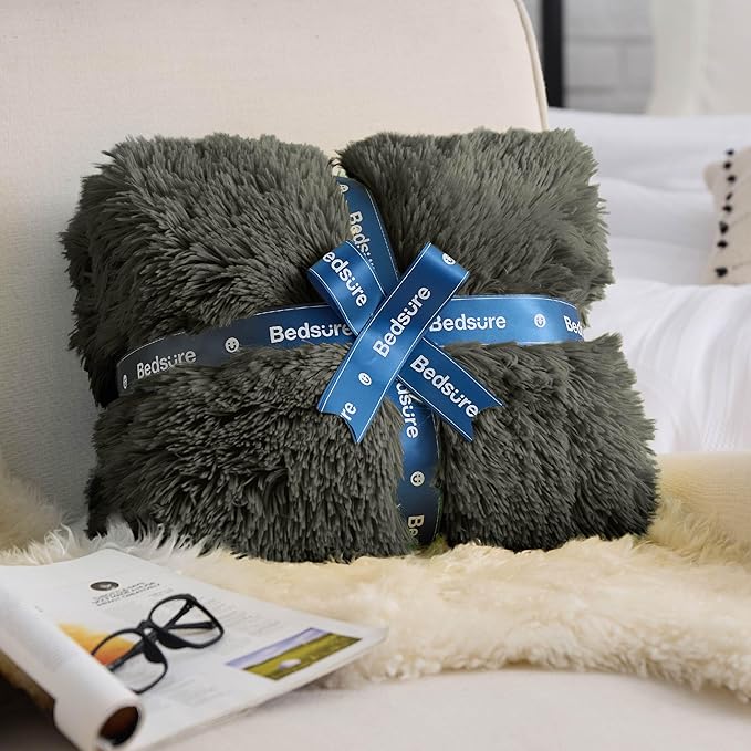 Bedsure GentleSoft Fluffy Olive Green Blankets Queen Size for Bed, Thick Sherpa Faux Fur Fleece Fuzzy Plush Winter Warm Soft Queen Blankets, Bedroom Olive Green Decor Cozy Gifts for Women Men, 90x90