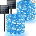 2 Pack Blue and White Solar String Lights Outdoor, 80FT 200 LED Waterproof Silver Wire Fairy Light, 8 Modes Solar Twinkle Light for Christmas Wedding New Year Independence Day Patio Fence Tree Decor