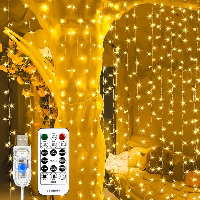 Curtain Light for Bedroom, 200LED 6.6x6.6ft Warm White Window Wall Hanging Fairy Curtain String Light, 8 Modes Remote Fairy String Lights Indoor for Wedding Party Home Garden Decorations