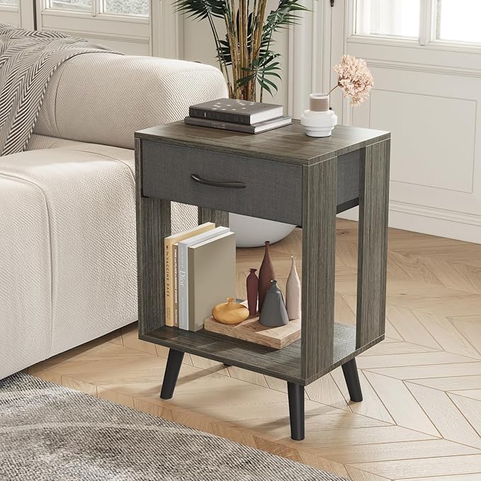 GYIIYUO Nightstands Set of 2 with Black Fabric Storage Drawer and Open Wood Shelf, Side Table with Storage for Bedroom, Bedside Tables - Gray 23.7" H