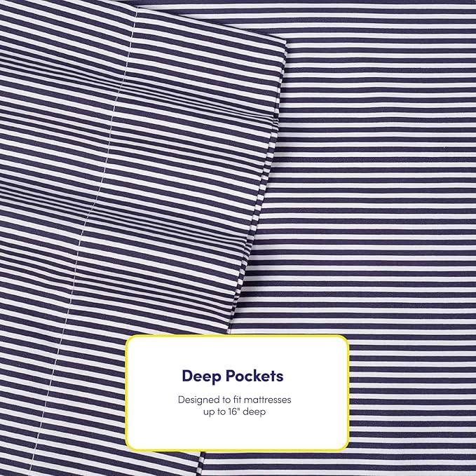 Cal King Size Bed Sheets - 6 Piece 1500 Supreme Deluxe Collection Deep Pocket Ultra Soft California King Sheet Set Bedding - 2 Extra Pillow Cases, California King, Classic Stripe Navy