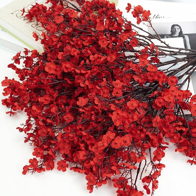 Uieke 15 Pcs Babys Breath Artificial Flowers Bulk Silk Red Faux Flowers Real Touch Gypsophila Bouquet for Christmas Halloween Home Wedding Decoration