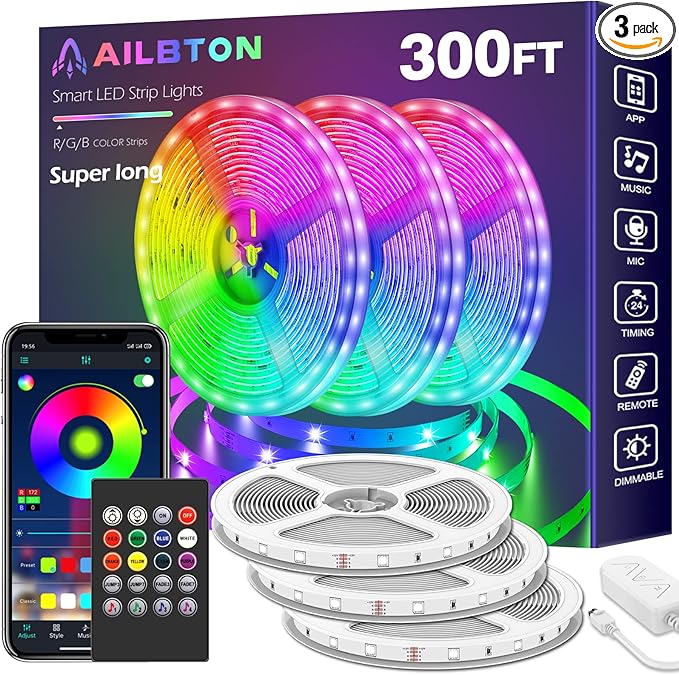 AILBTON 300ft Led Strip Lights(3 Rolls of 100ft led Lights) Ultra Long Led Light Strip with App Voice Control Remote,5050 RGB Music Sync Color Changing Led Lights for Bedroom,Party,Home Decoration