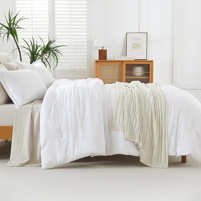 Litanika White Oversized King Comforter Set Super King Plus Size, 3 Pieces Lightweight Solid Bedding Comforter Set, All Season Fluffy Bed Set (128x120In Comforter & 2 Pillowcases)