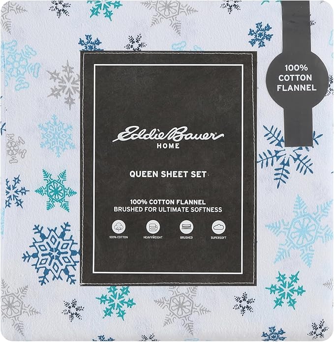 Eddie Bauer - Queen Sheets, Cotton Flannel Bedding Set, Brushed For Extra Softness, Cozy Home Decor (Tossed Snowflake, Queen)