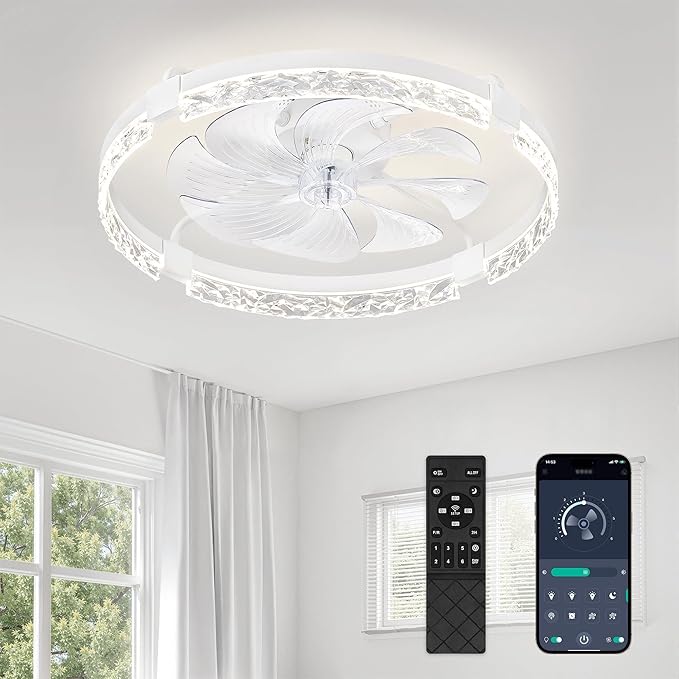 LEDIARY 24 Inch Ceiling Fans with Lights and Remote, Modern Dimmable Low Profile Ceiling Fan, White Flush Mount Ceiling Fan with 3 CCT and 6 Speeds