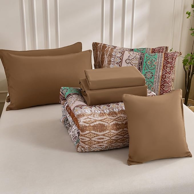 Boho King Size Comforter Set 8 Pieces, Brown Bohemian Striped Bed in a Bag, Paisley Soft Microfiber Bedding Comforter Set