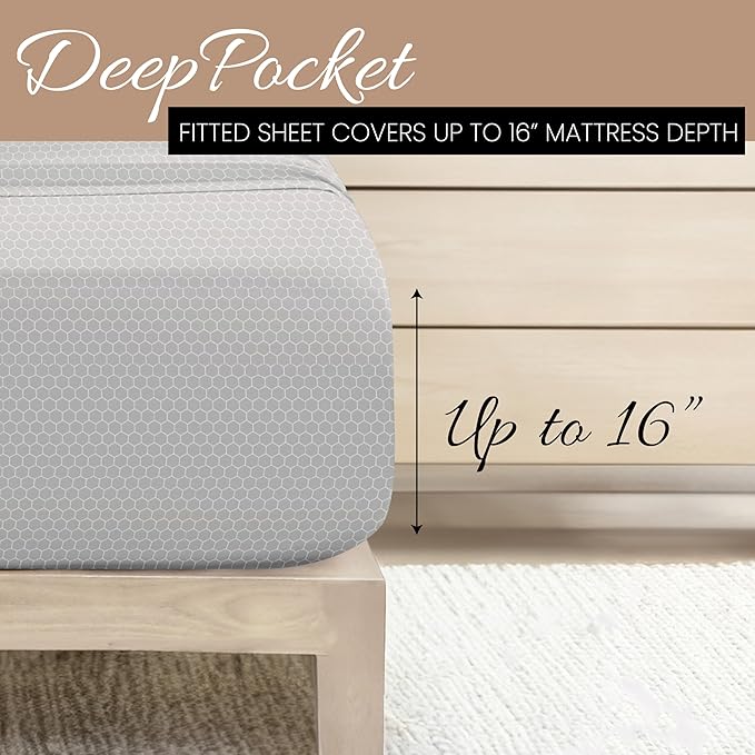 Linen Market Double-Brushed Patterned Microfiber Full Sheet Set 4 Piece – Oeko-TEX Certified Ultra Soft & Wrinkle-Free - 16" Deep Pocket Sheets - Easy Care Full Size - Honeycomb Light Gray