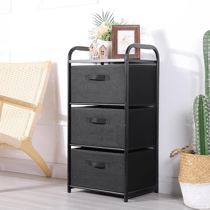 MAX Houser Dresser Storage with 3 Easy Pull Fabric Drawers, Fabric Dresser Tower,Vertical Storage Unit for Bedroom,Chest of Drawers with Metal Frame, Wooden Tabletop, for Living Room, Closet (Black)