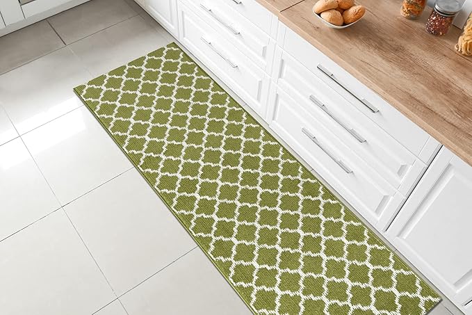 Custom Size Moroccan Trellis Runner Rug Mat for Wide Hallway Entryway Kitchen Laundry Room with Slip Resistant Latex Rubber Backing, Trellis Green, 31 inch X 12 feet