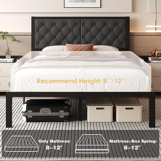 Queen Bed Frame with Headboard Linen Upholstered Bed Frame Platform,All Metal Slats Support Platform Bed Frame with Storage Space,Easy Assembly,Noise Free,No Box Spring Needed,Grey