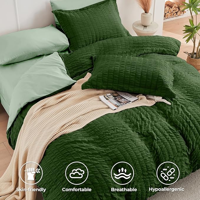 HYMOKEGE Dark Green/Sage Green Twin Comforter Set Seersucker 5 Pieces, All Season Luxury Bed in a Bag for Bedroom, Bedding Set with Comforter, Sheets, Pillowcase & Sham
