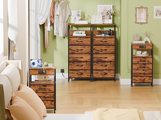 Furnulem 5 Drawers Dresser with Charging Station, Tall Night Stand with Storage Shelf, Fabric Chest of Drawers, Bedside Table for Closet, Entryway, Bedroom Furniture, 3 Ways to Use, Rustic Brown