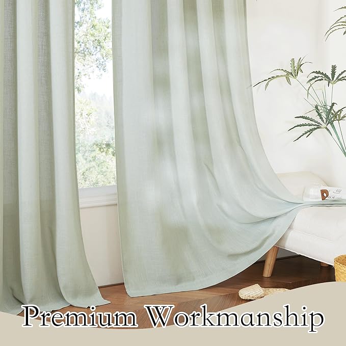 RYB HOME Linen Blended Curtains for Dining Room Nursery, Semi Transparent Privacy Protection Airy Elegant Boho Semi Sheer Drapes for Glass Door, W 100 inch x L 108 inch, Sage Green, 1 Pc