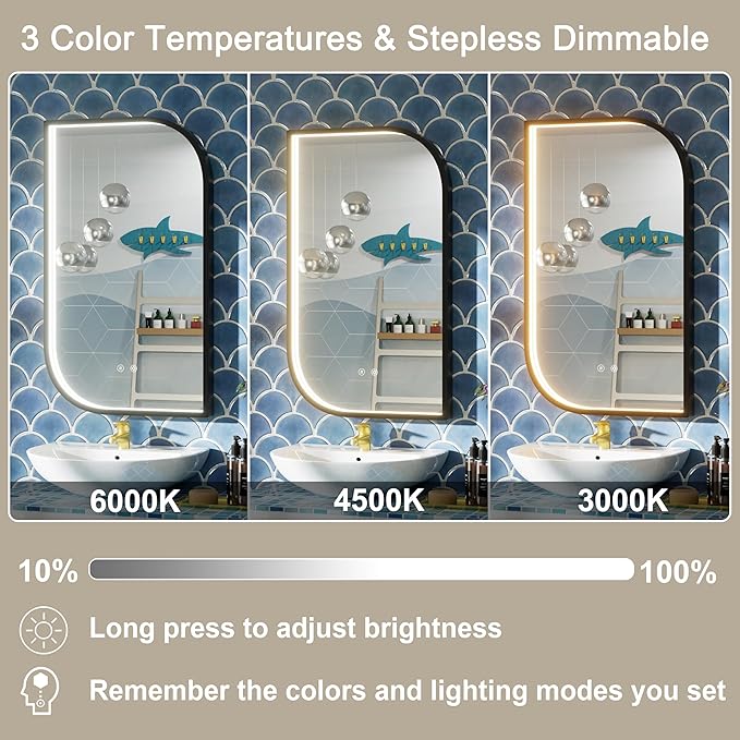 40x24 Inch Black LED Bathroom Mirror, Adjustable 3000K/4500K/6000K, Irregular Framed Lighted Bathroom Vanity Mirror with Lights, Anti-Fog, Stepless Dimmable, Wall Mounted