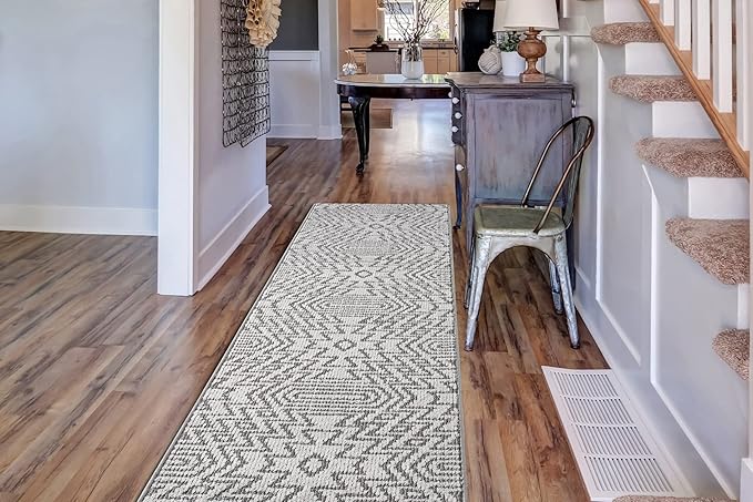 Custom Size Southwestern Style Runner Rug Mat for Wide Hallway Entryway Kitchen Laundry Room with Slip Resistant Latex Rubber Backing, Inca Grey, 31 inch X 6 feet