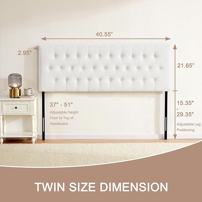 Tufted Upholstered Headboard Twin Size, Solid Wood Head Board with Durable Metal Legs, Adjustable Height Twin XL headboard from 37” to 51” Fabric Headboard in Modern Button Design, White