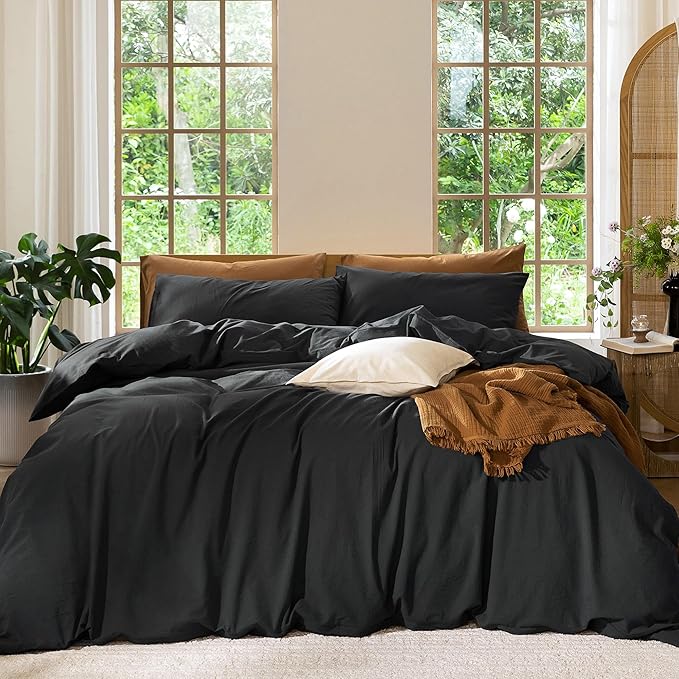 MooMee Bedding Duvet Cover Set 100% Washed Cotton Linen Like Textured Breathable Durable Soft Comfy (Solid Black, Oversized King Plus 128"x120")