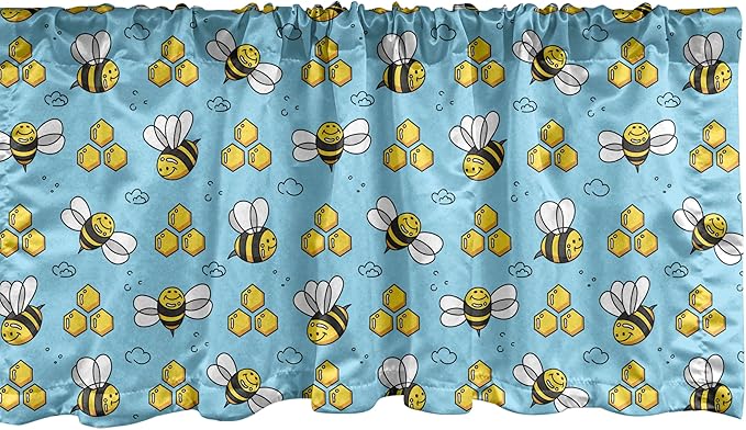 Ambesonne Cartoon Window Valance, Summer Style Funny Demonstration of Happy Flying Characters and Hexagon Comb, Curtain Valance for Kitchen Bedroom Decor with Rod Pocket, 54" X 18", Sky Blue Mustard