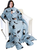 Catalonia Wearable Fleece Blanket with Sleeves and Foot Pockets for Adult Women Men, Micro Plush Comfy Wrap Sleeved Throw Blanket Robe Large, Wondercat Grey