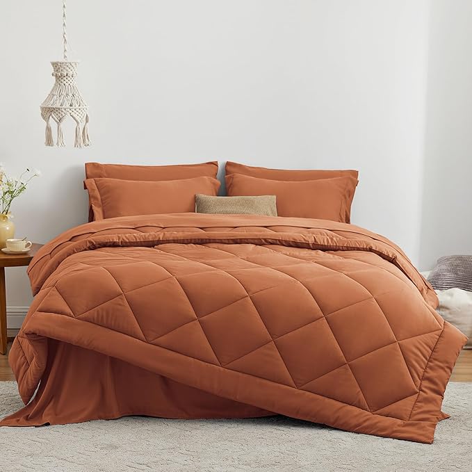 Love's cabin California King Comforter Set Terracotta, 7 Pieces California King Bed in a Bag, All Season Bedding Sets with 1 Comforter, 1 Flat Sheet, 1 Fitted Sheet, 2 Pillowcase and 2 Pillow Sham