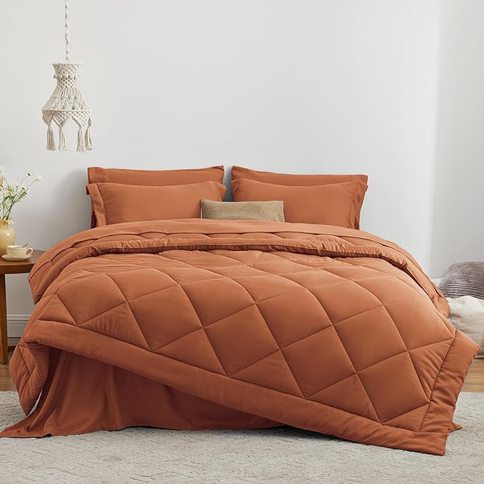 Love's cabin Twin XL Comforter Set Terracotta, 5 Pieces Twin XL Bed in a Bag, All Season Bedding Sets with 1 Comforter, 1 Flat Sheet, 1 Fitted Sheet, 1 Pillowcase and 1 Pillow Sham