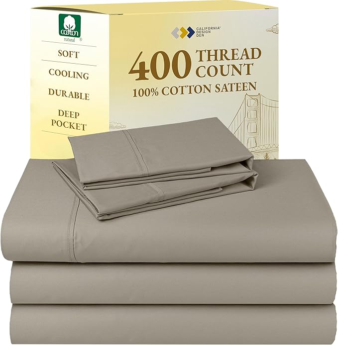 California Design Den Split King Sheets Sets for Adjustable Bed - Soft 100% Cotton Sheets, 400 Thread Count Sateen, Deep Pockets, Cool and Durable Bedding, Beats Egyptian Cotton Claims - Taupe