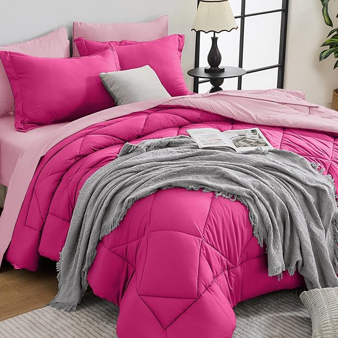 HEVUMYI Hot Pink & Baby Pink King Comforter Set - 7-Piece All Season Bed in a Bag King, Ultra Soft Bedding Set with Comforter, Flat Sheet, Fitted Sheet, Pillowcases, Pillow Shams