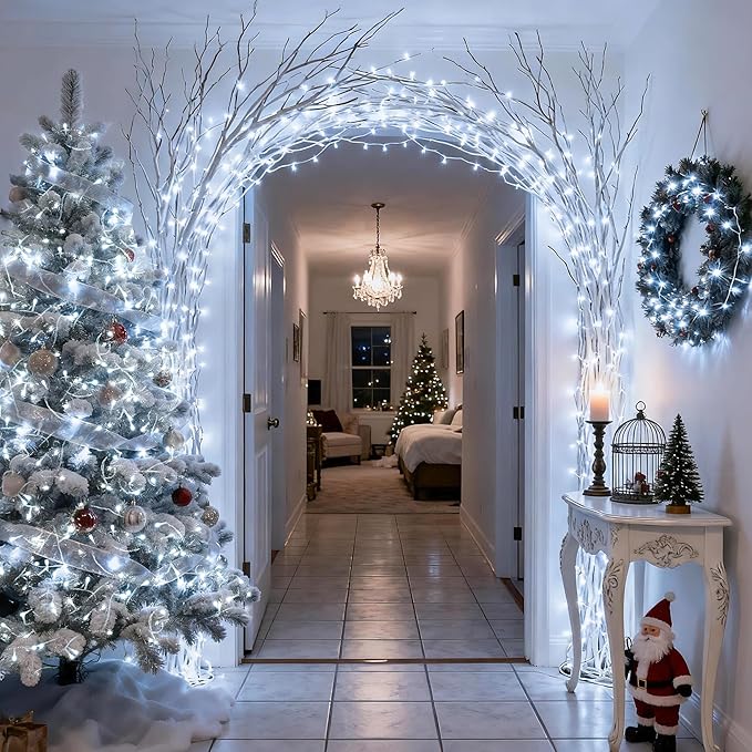 JMEXSUSS White Christmas Lights with Remote, 33ft 100 LED Battery Operated Christmas Lights, 8 Modes Outdoor Indoor String Light for Xmas Bedroom Tree Yard Porch Wedding