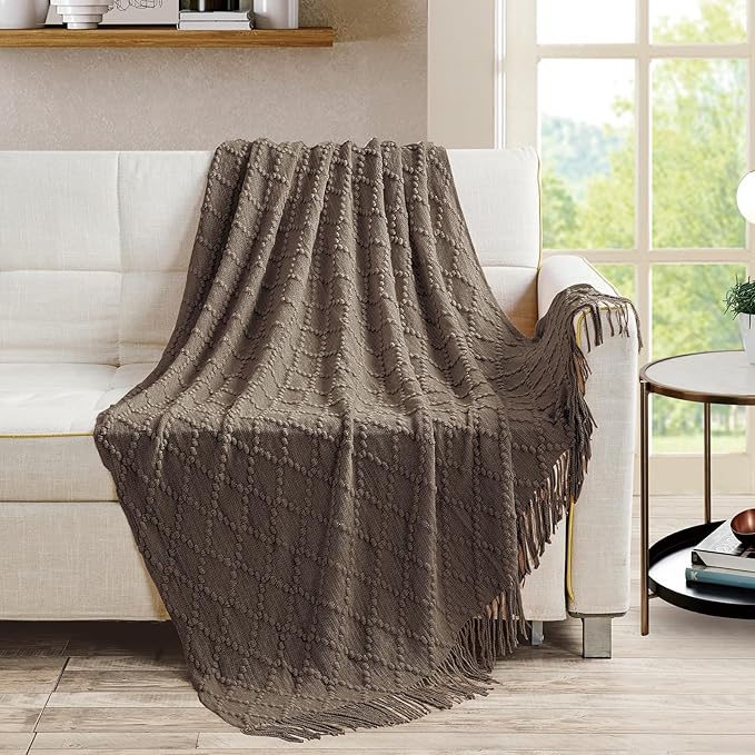 BOURINA Brown Throw Blanket 50 x70 Inches Jacquard Argyle Throw Textured Solid Soft Throws and Blankets for Sofa or Bed Knitted Decorative Blanket