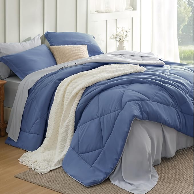 Bedsure Queen Comforter Set - 7 Pieces Reversible Infinity Blue Bedding, Queen Size Bed Set for All Seasons, Bed in a Bag with Down Alternative Comforter, Sheets, Pillowcases & Shams