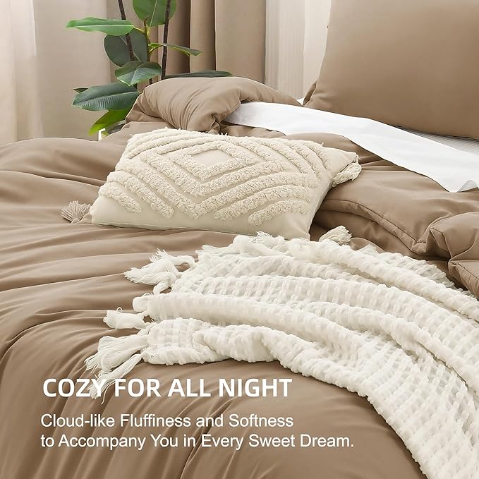 Litanika Comforters Taupe Super King Plus Size, 3 Pieces Lightweight Solid Bedding Set & Collections, All Season Fluffy Bed Set (128x120In Comforter & 2 Pillowcases)