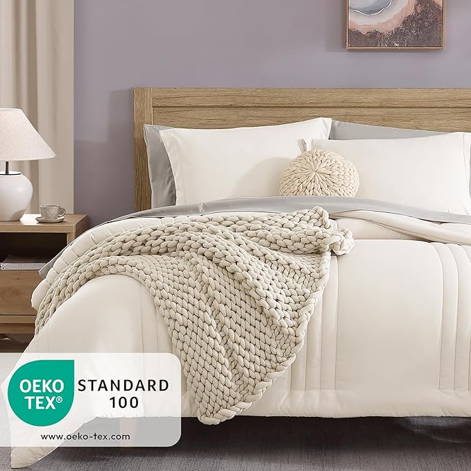 Monbix Full Comforter Set - 7 Pieces White Bed in a Bag Full Size Bedding Sets with Comforters, All Seasons Down Alternative Comforter with Sheets,Pillowcases & Shams