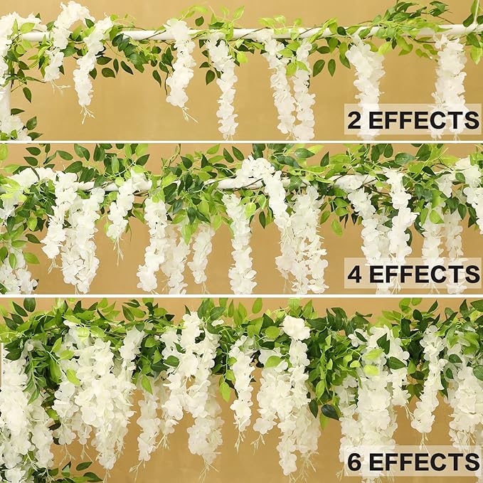 Wisteria Artificial Flowers Garland, 2Pcs Total 14.4ft Silk Faux Wisteria Vine Kit, Hanging Flower Plant for House Outdoor Garden Ceremony Outside Wedding Arch Floral Decor (2, White)