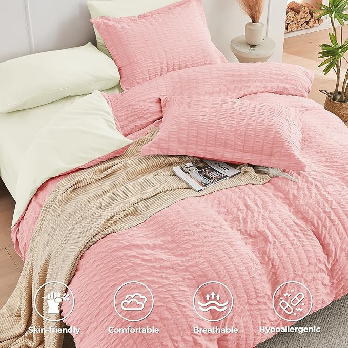 HYMOKEGE Pink/Ivory Full Size Comforter Sets Seersucker 7 Pieces, All Season Luxury Bed in a Bag for Bedroom, Bedding Set with Comforter, Sheets, Pillowcases & Shams