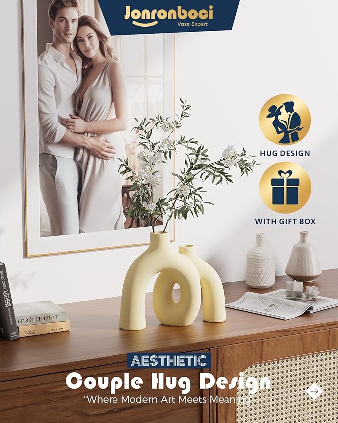 Hug Donut Decorative Vase Set - Beige Vase, Modern Nordic Boho Style Vases Home Decor, Matte Ceramic Decorations for Living Room Shelf, Bookshelf Mantle Entryway Table or Console Décor (Beige)