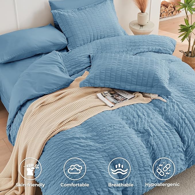 HYMOKEGE Mineral Blue Queen Comforter Set Seersucker 7 Pieces, All Season Luxury Bed in a Bag Queen for Bedroom, Bedding Set with Comforter, Sheets, Pillowcases & Shams