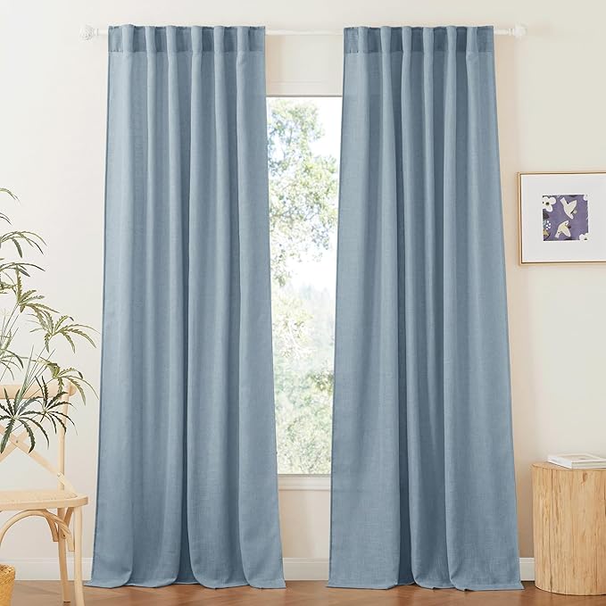 RYB HOME Light Filtering Curtains 95 inches Long 2 Panels Set, Privacy Protected Linen Blend Panels for Farmhouse/Living Room/Dining Room, Dusty Blue, Width 52 inch