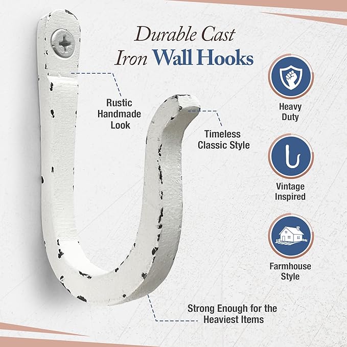 Rustic Antique White Railroad Spike Cast Iron Hooks (10 Pack) Handmade Blacksmith, Wall Mounted Decorative Hooks, PowderCoated for Interior or Exterior Use, Rust Proof for Hanging Coats, Bags or Pots