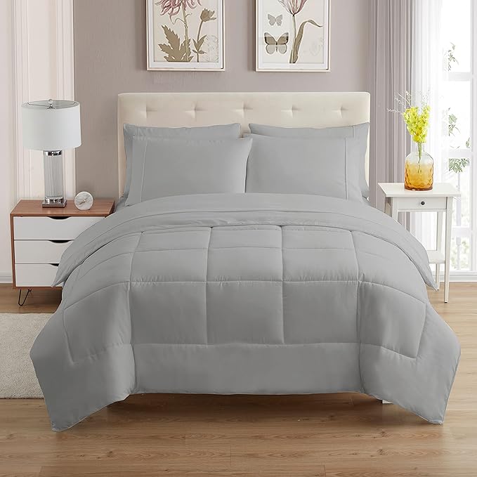 Sweet Home Collection 7 Piece Comforter Set Bag Solid Color All Season Soft Down Alternative Blanket & Luxurious Microfiber Bed Sheets, Silver, Twin XL