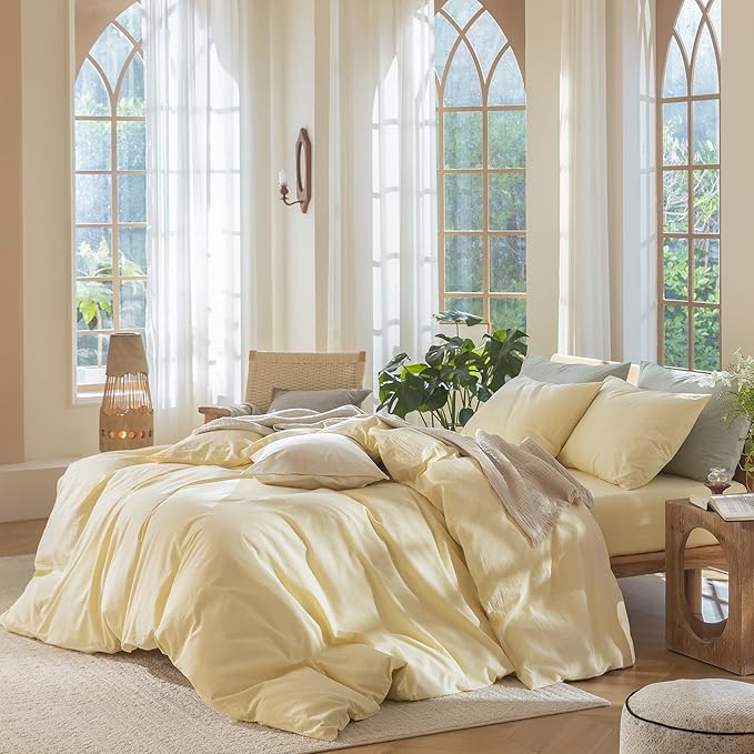 MooMee Bedding Duvet Cover Set 100% Washed Cotton Linen Like Textured Breathable Durable Soft Comfy (Heathered Butter Yellow, Oversized Queen 98"x98")