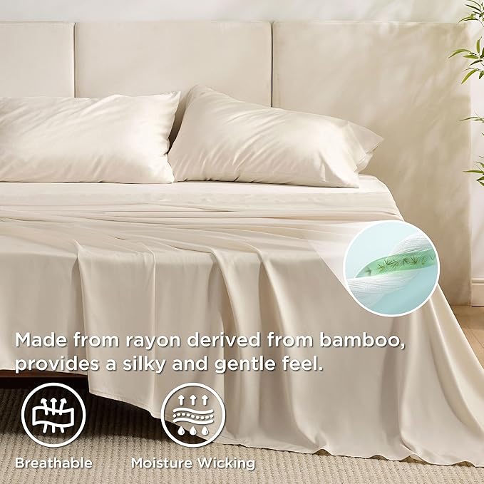 Bedsure Full Size Bed Sheets, Cooling Sheets, Rayon Derived from Bamboo, Breathable & Soft, Deep Pocket Up to 16 Inches, Hotel Luxury Silky Bedding for Hot Sleepers, Light Beige