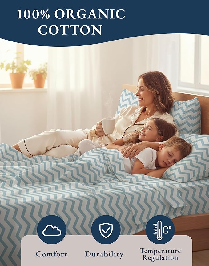 LANE LINEN 100% Organic Cotton Full Size Sheet & Pillowcase Sets, Fully Elasticized Soft & Comfy Printed Percale Bedding, Temperature Regulating Printed Cotton Sheets Full - Chevron