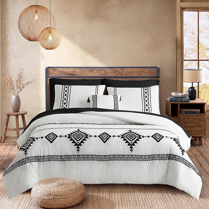 MaiRêve Embroidery Boho Comforter Sets Full Size - 7 Piece, Farmhouse Western White Black Comforter Set, All Season Bed in A Bag Full Size with Sheets, Pillowcases & Shams