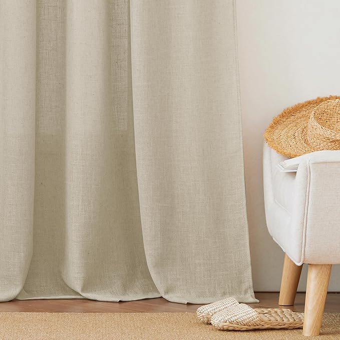 RYB HOME Sliding Door Curtains - Large Window Curtains for Living Room Dining Bedroom Decor, Linen Sheer Sunlight Glare Filter Privacy Backdrop, Beige, 100 inches Wide x 84 inches Long