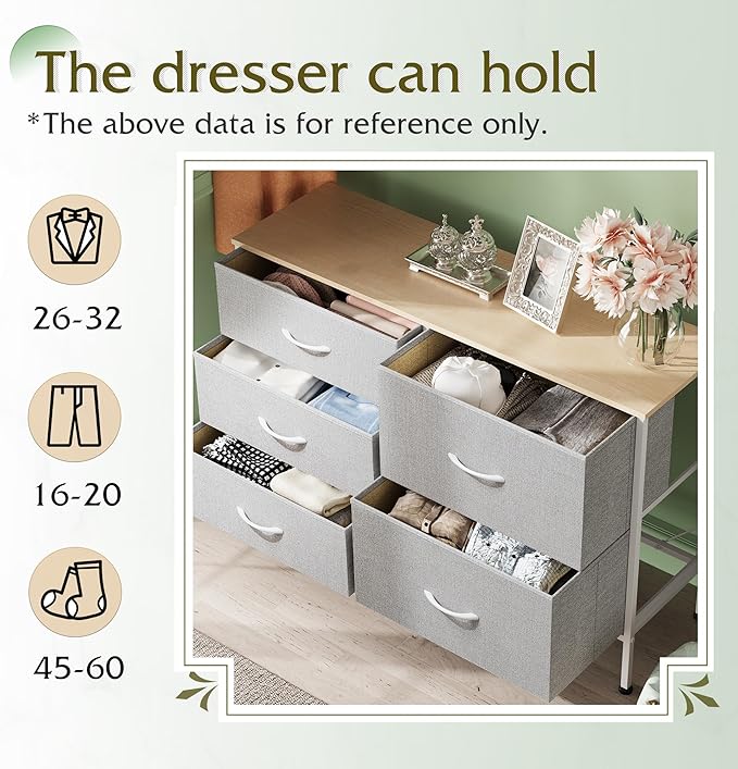 WLIVE Dresser for Bedroom with 5 Drawers, Wide Bedroom Dressers with Drawer Organizers, Chest of Drawers, Fabric Dresser for Living Room, Closet, Hallway, Light Grey