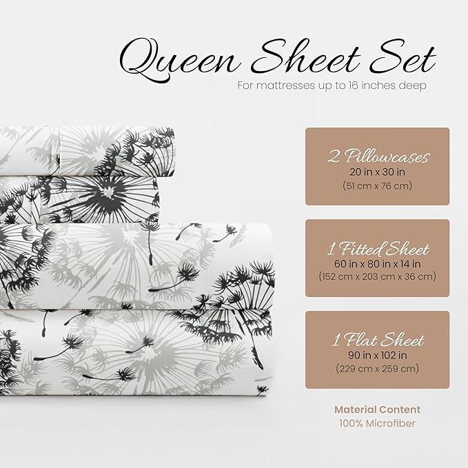 Linen Market Double-Brushed Patterned Microfiber Queen Sheet Set 4 Piece – Oeko-TEX Certified Ultra Soft & Wrinkle-Free - 16" Deep Pocket Sheets - Easy Care Queen Size - Make a Wish Light Gray