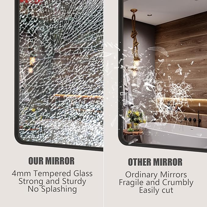 60x30 Black Framed Bathroom Mirror for Wall, Black Metal Bathroom Vanity Mirror, Modern Rectangle Mirror, Rounded Corner, Shatterproof, Anti-Rust (Horizontal/Vertical)